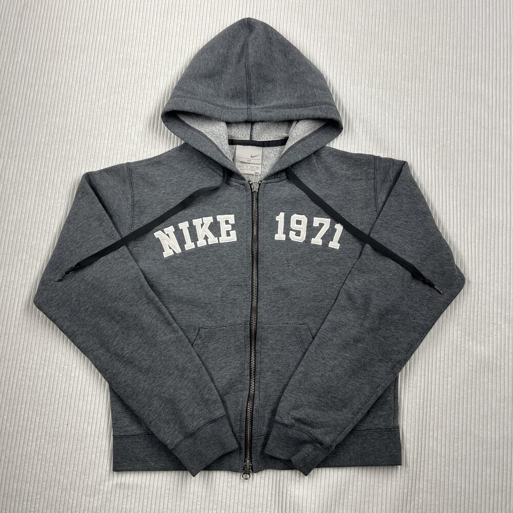 Vtg Nike Hoodie Womens XS Gray Y2k Full Zip Fleece NIKE 1971 Graphic Sweatshirt